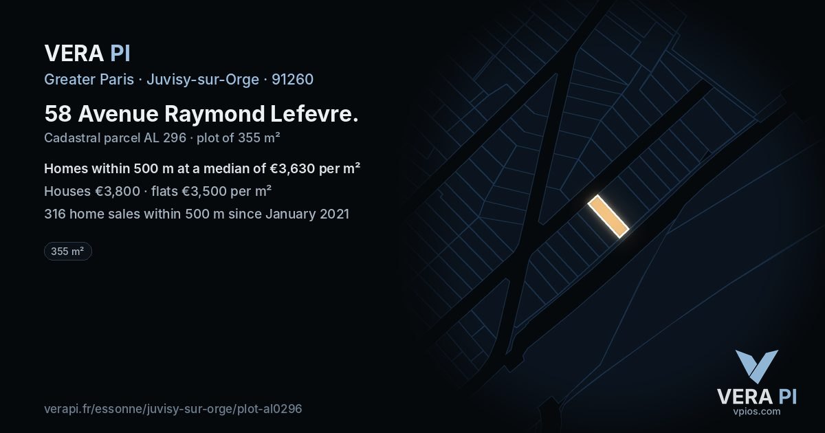 58 Avenue Raymond Lefevre, Juvisy-sur-Orge at night – the plot lit, the parcels around coloured by the prices near them