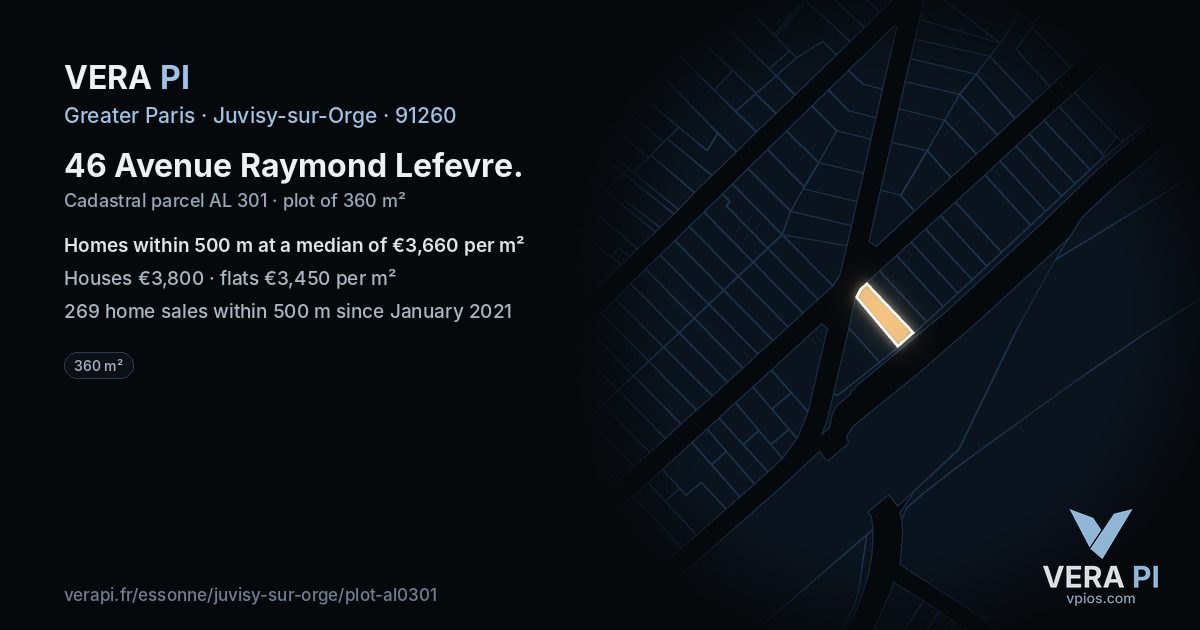 46 Avenue Raymond Lefevre, Juvisy-sur-Orge at night – the plot lit, the parcels around coloured by the prices near them