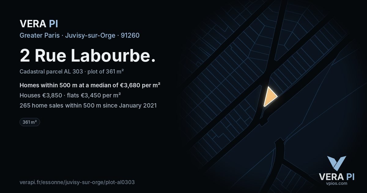 2 Rue Labourbe, Juvisy-sur-Orge at night – the plot lit, the parcels around coloured by the prices near them
