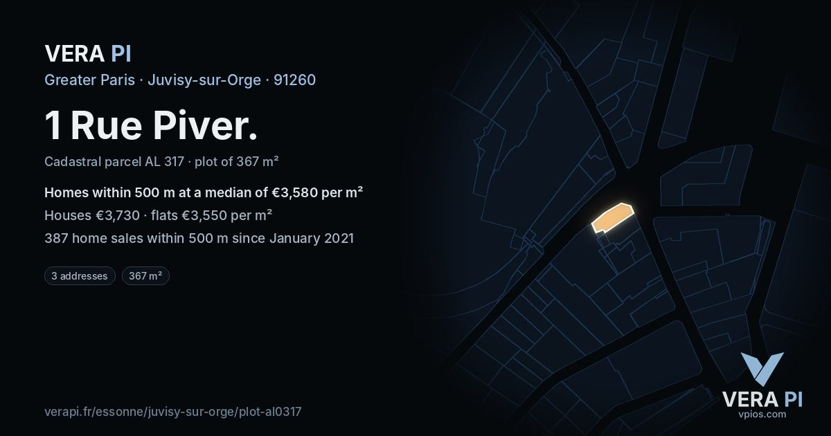 1 Rue Piver, Juvisy-sur-Orge at night – the plot lit, the parcels around coloured by the prices near them