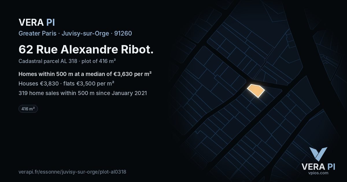 62 Rue Alexandre Ribot, Juvisy-sur-Orge at night – the plot lit, the parcels around coloured by the prices near them