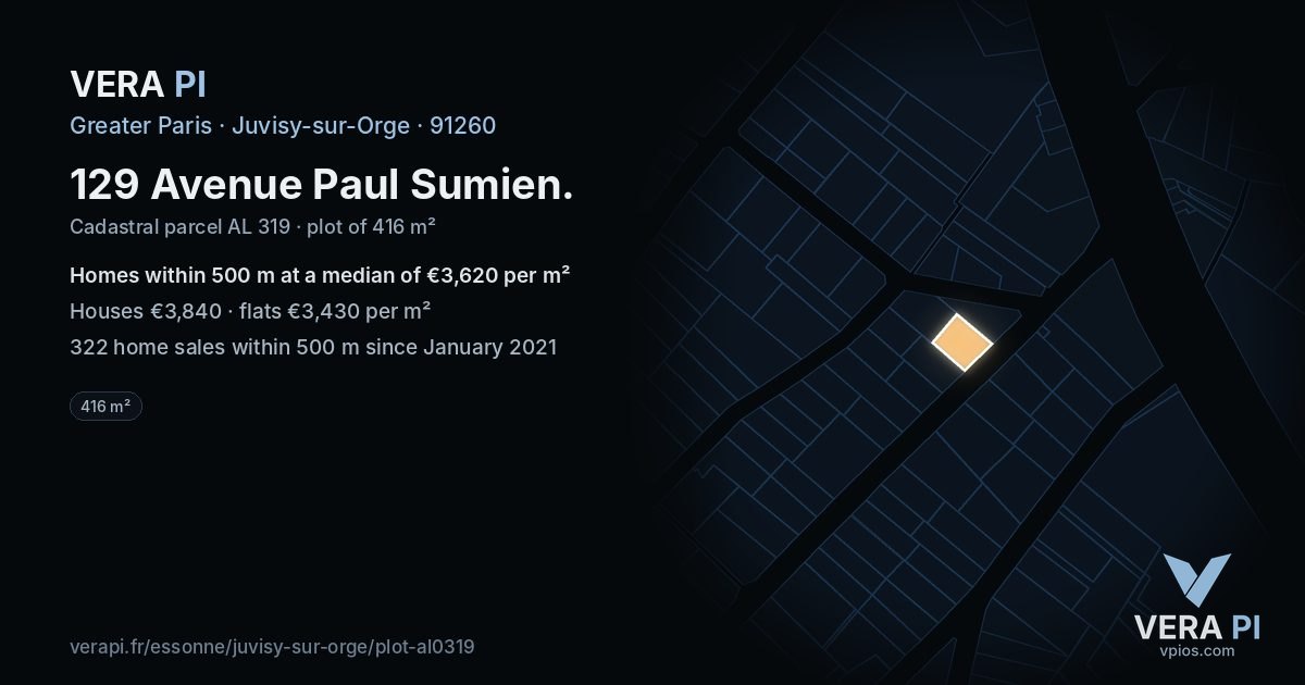 129 Avenue Paul Sumien, Juvisy-sur-Orge at night – the plot lit, the parcels around coloured by the prices near them