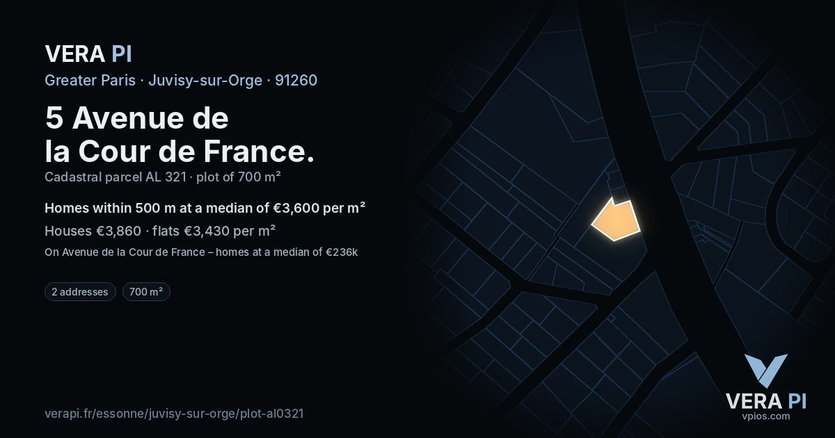 5 Avenue de la Cour de France, Juvisy-sur-Orge at night – the plot lit, the parcels around coloured by the prices near them