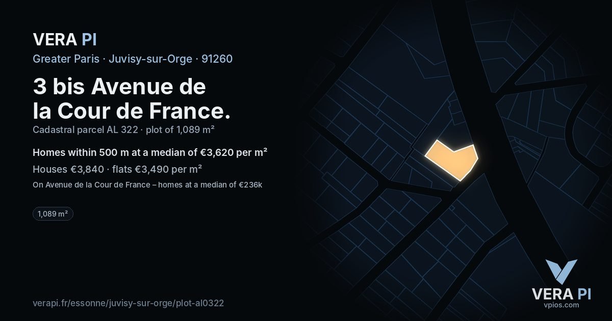 3 bis Avenue de la Cour de France, Juvisy-sur-Orge at night – the plot lit, the parcels around coloured by the prices near them