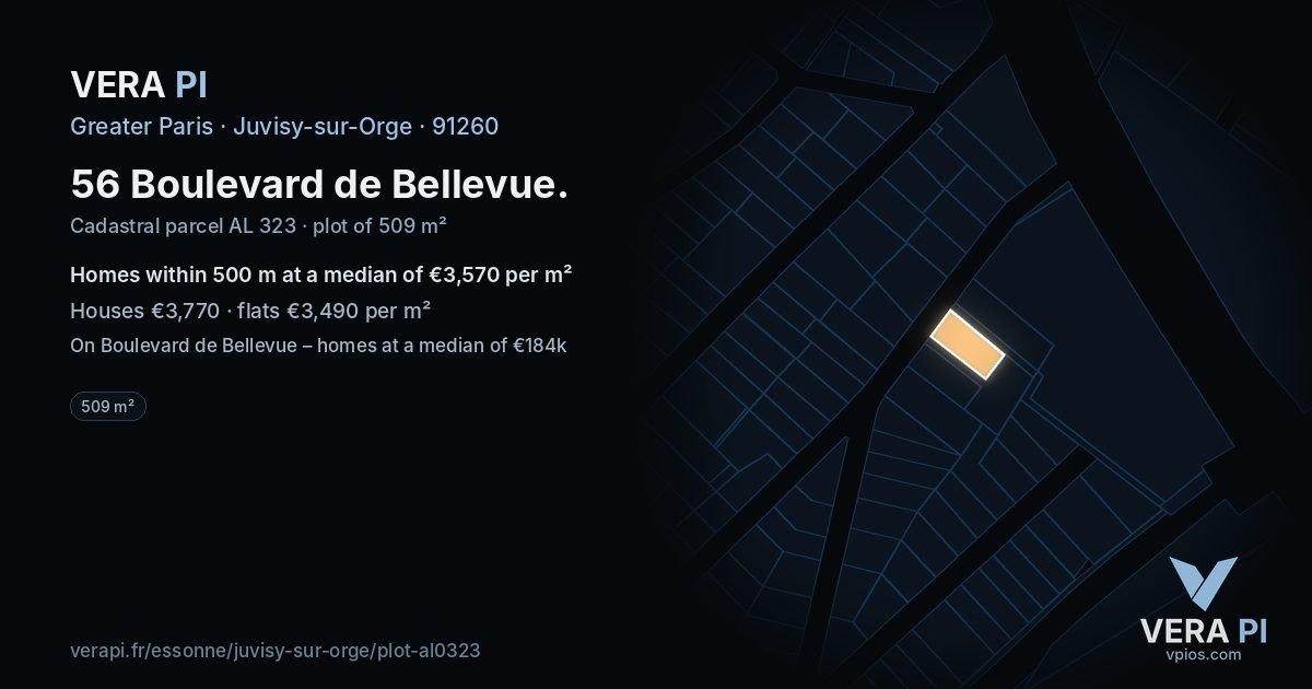 56 Boulevard de Bellevue, Juvisy-sur-Orge at night – the plot lit, the parcels around coloured by the prices near them