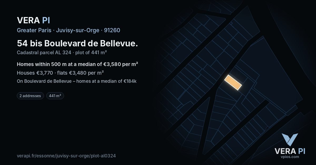54 bis Boulevard de Bellevue, Juvisy-sur-Orge at night – the plot lit, the parcels around coloured by the prices near them