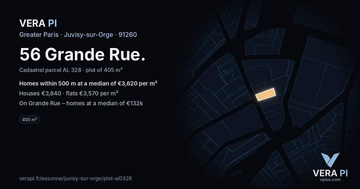56 Grande Rue, Juvisy-sur-Orge at night – the plot lit, the parcels around coloured by the prices near them