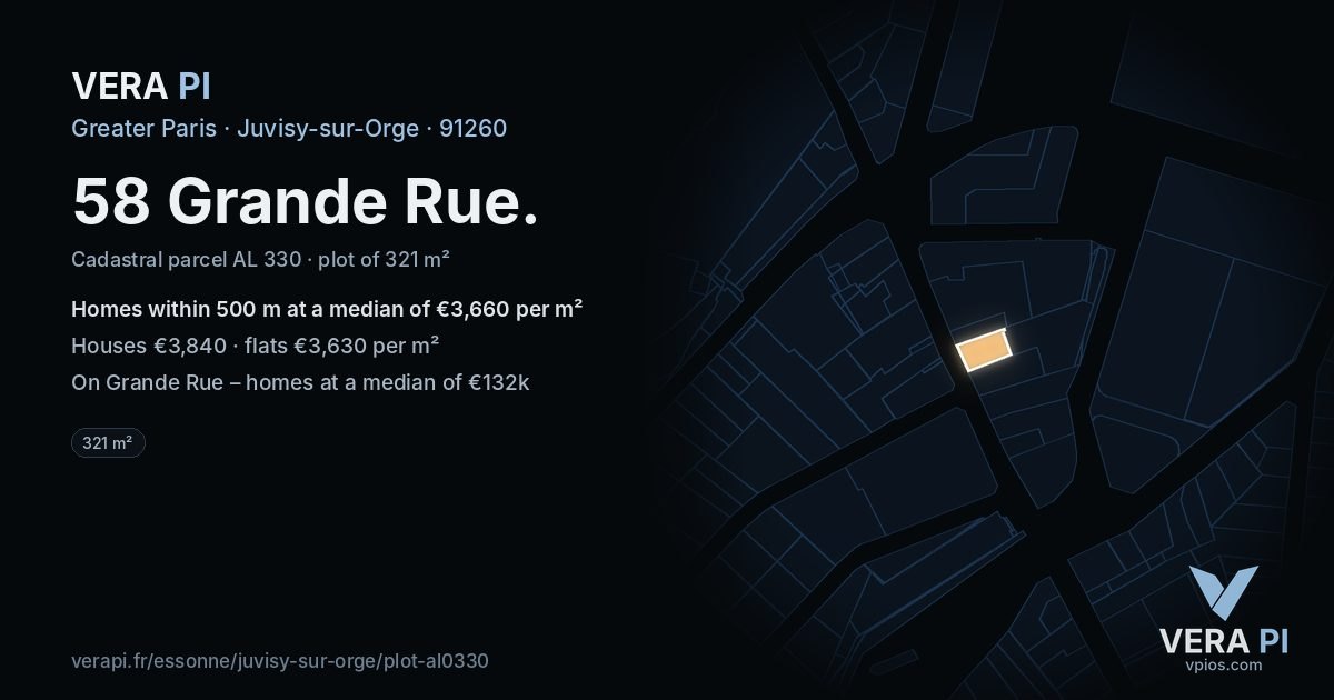 58 Grande Rue, Juvisy-sur-Orge at night – the plot lit, the parcels around coloured by the prices near them