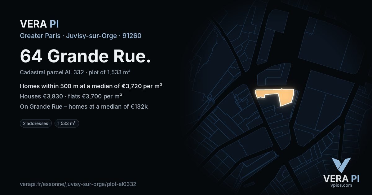 64 Grande Rue, Juvisy-sur-Orge at night – the plot lit, the parcels around coloured by the prices near them