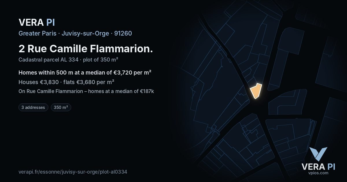 2 Rue Camille Flammarion, Juvisy-sur-Orge at night – the plot lit, the parcels around coloured by the prices near them