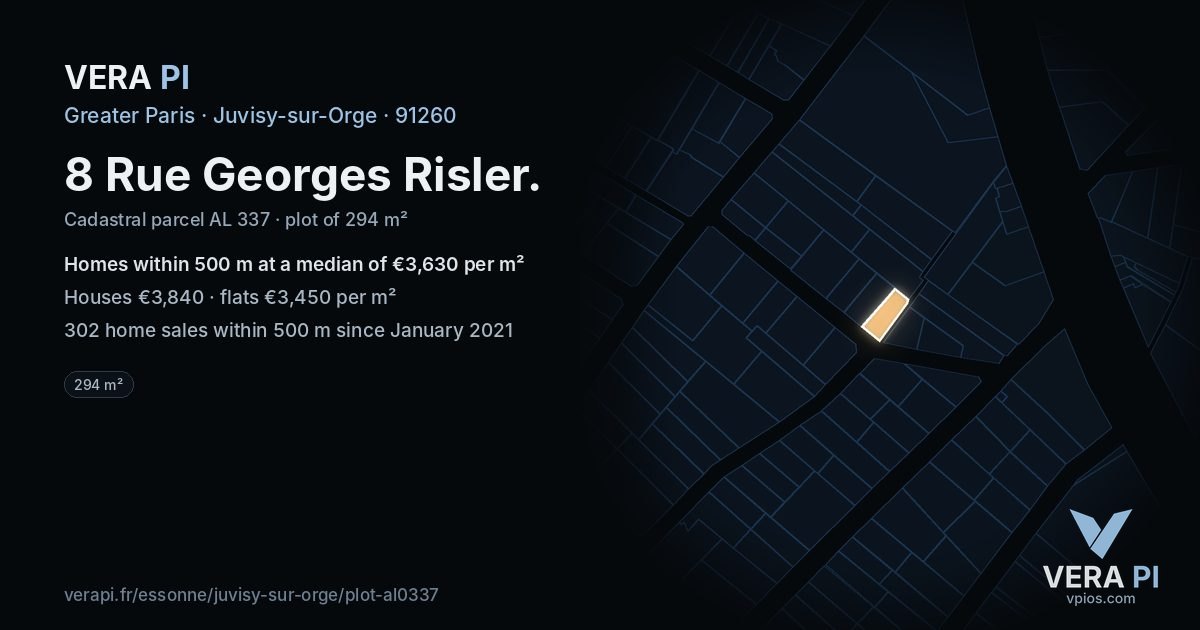 8 Rue Georges Risler, Juvisy-sur-Orge at night – the plot lit, the parcels around coloured by the prices near them