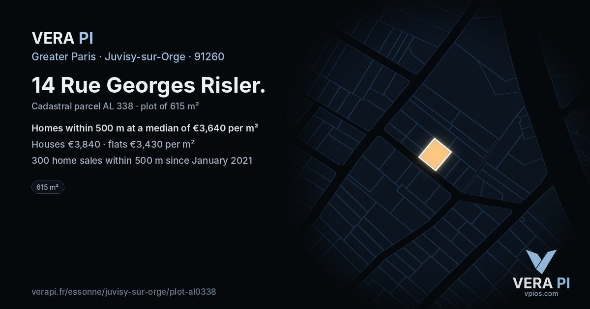 14 Rue Georges Risler, Juvisy-sur-Orge at night – the plot lit, the parcels around coloured by the prices near them