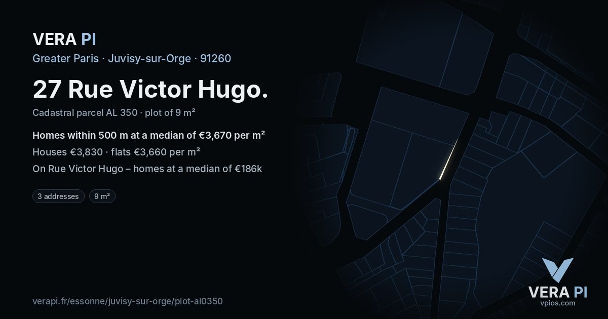 27 Rue Victor Hugo, Juvisy-sur-Orge at night – the plot lit, the parcels around coloured by the prices near them