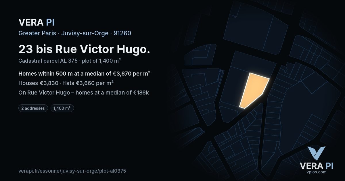 23 bis Rue Victor Hugo, Juvisy-sur-Orge at night – the plot lit, the parcels around coloured by the prices near them