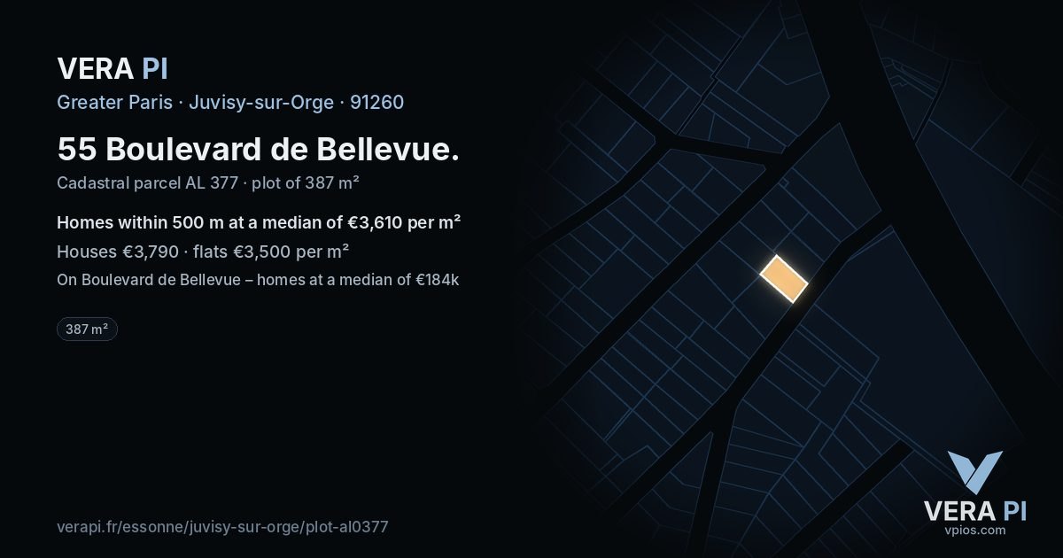 55 Boulevard de Bellevue, Juvisy-sur-Orge at night – the plot lit, the parcels around coloured by the prices near them