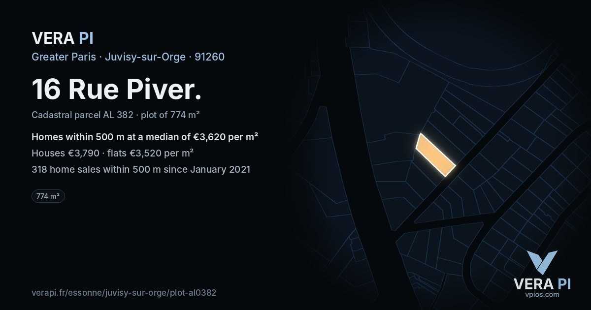 16 Rue Piver, Juvisy-sur-Orge at night – the plot lit, the parcels around coloured by the prices near them