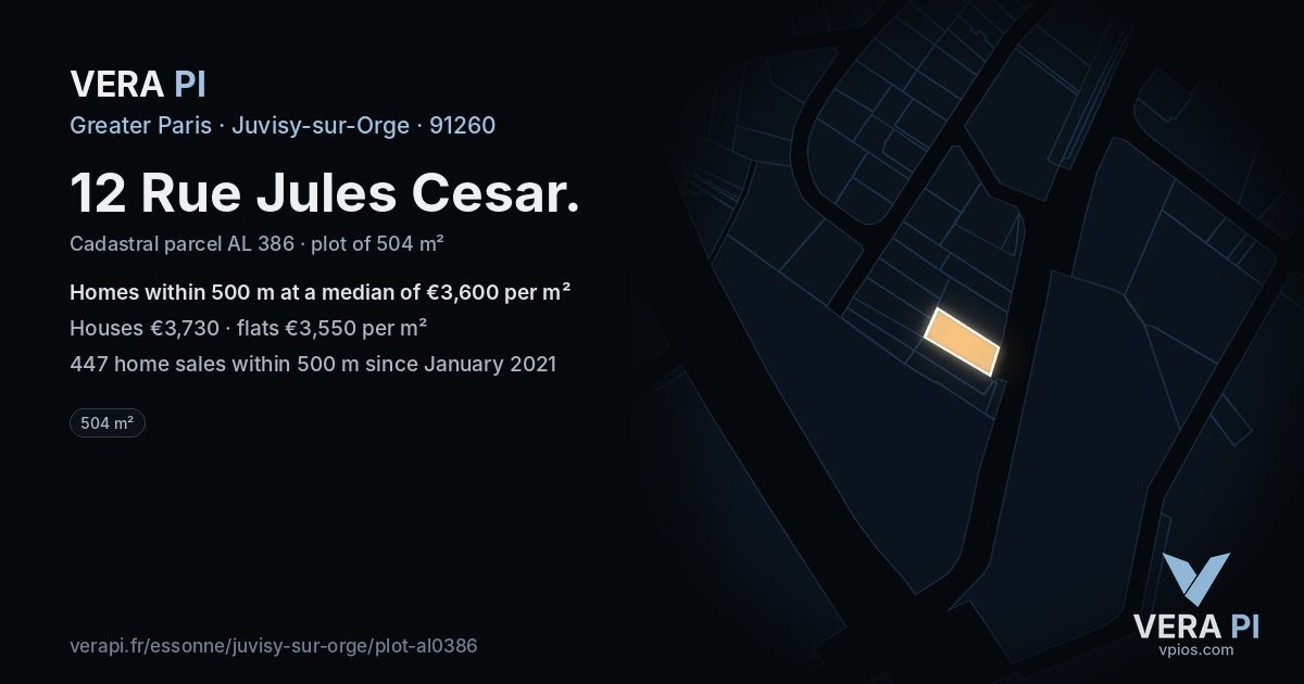 12 Rue Jules Cesar, Juvisy-sur-Orge at night – the plot lit, the parcels around coloured by the prices near them