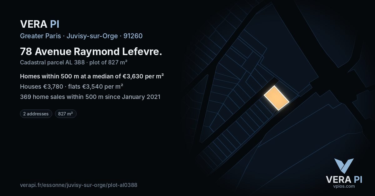 78 Avenue Raymond Lefevre, Juvisy-sur-Orge at night – the plot lit, the parcels around coloured by the prices near them