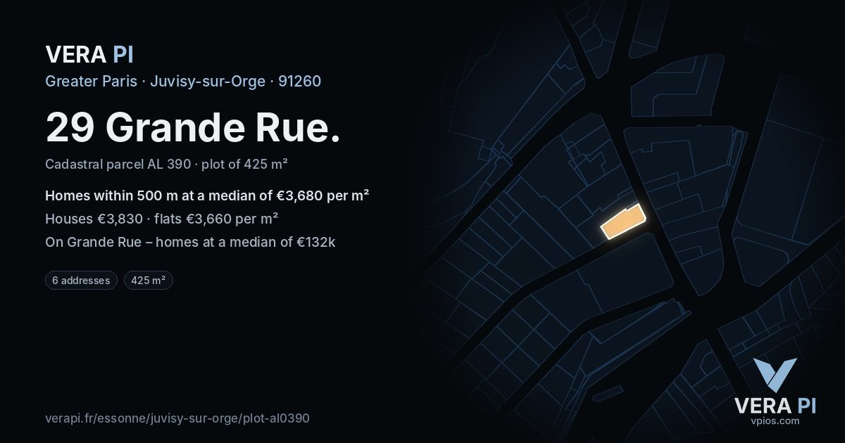 29 Grande Rue, Juvisy-sur-Orge at night – the plot lit, the parcels around coloured by the prices near them