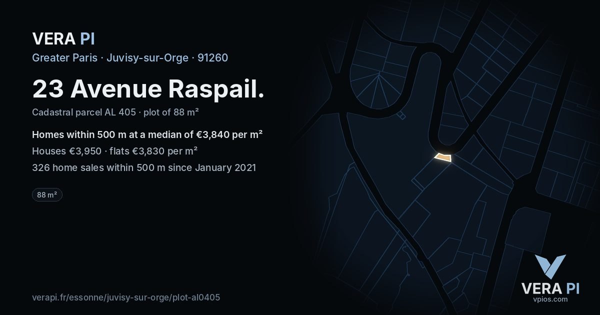 23 Avenue Raspail, Juvisy-sur-Orge at night – the plot lit, the parcels around coloured by the prices near them