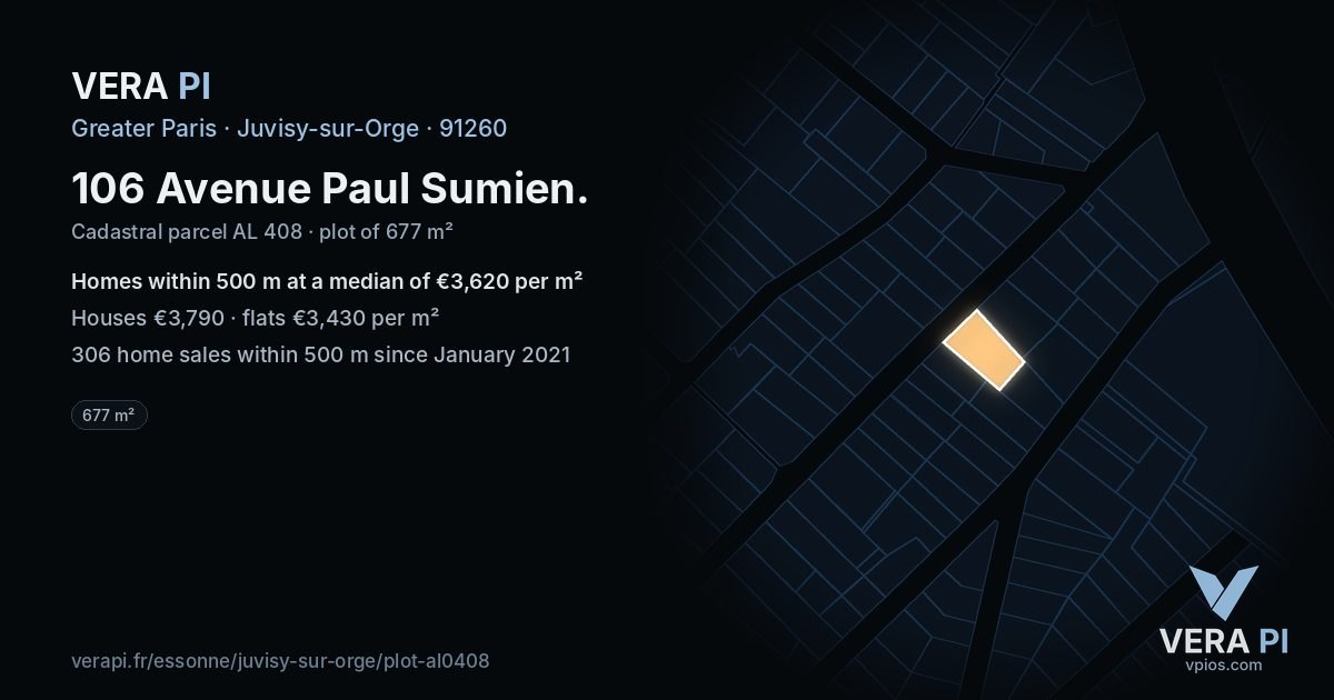 106 Avenue Paul Sumien, Juvisy-sur-Orge at night – the plot lit, the parcels around coloured by the prices near them