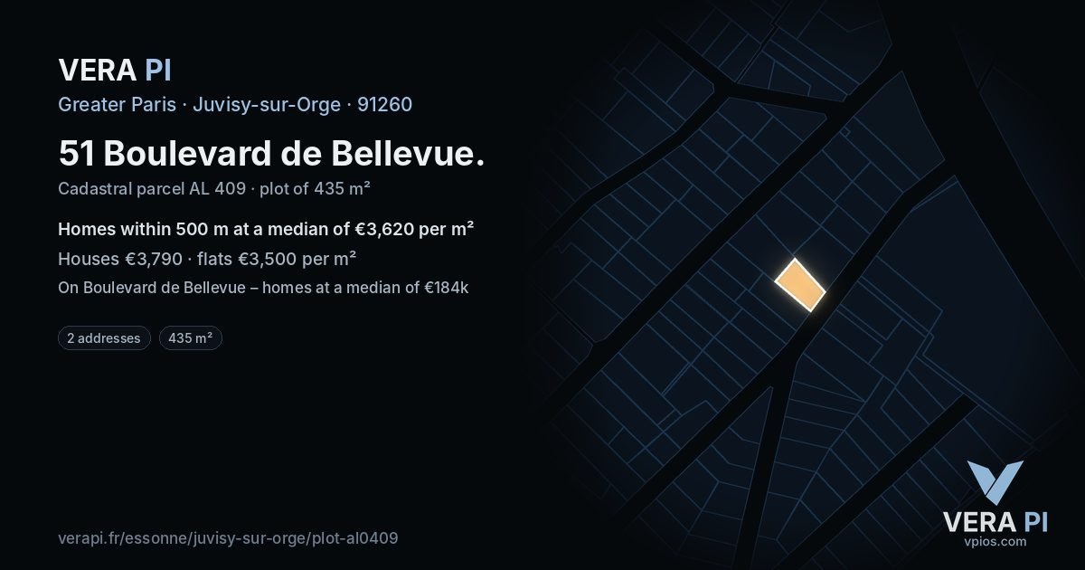 51 Boulevard de Bellevue, Juvisy-sur-Orge at night – the plot lit, the parcels around coloured by the prices near them
