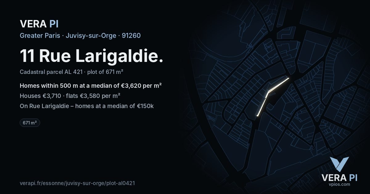 11 Rue Larigaldie, Juvisy-sur-Orge at night – the plot lit, the parcels around coloured by the prices near them