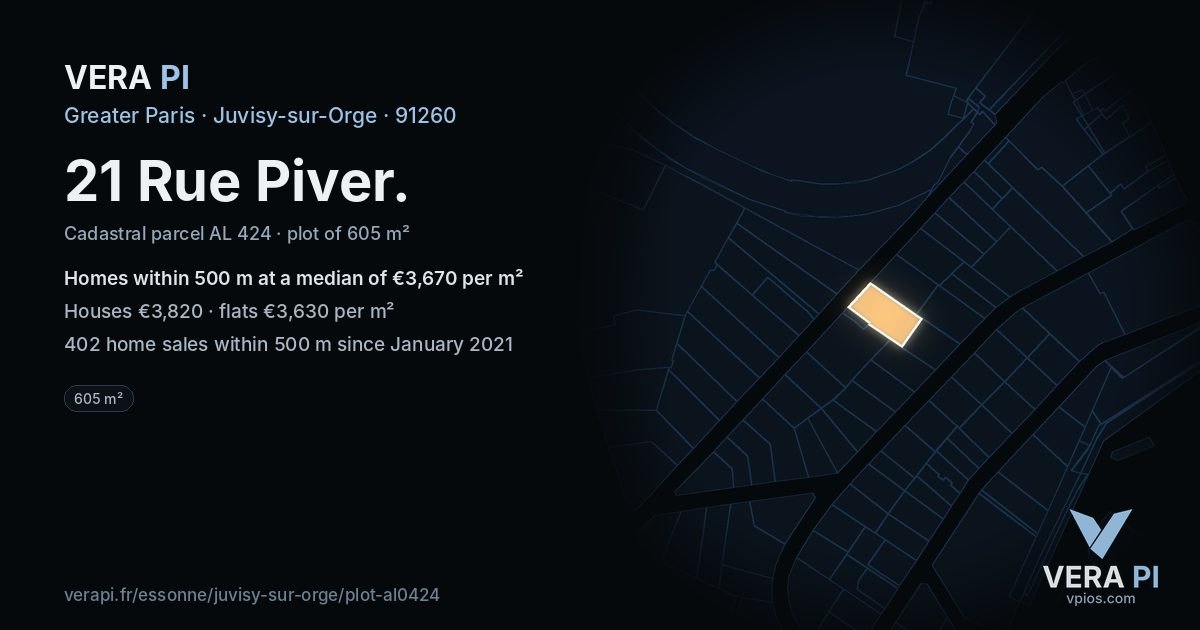 21 Rue Piver, Juvisy-sur-Orge at night – the plot lit, the parcels around coloured by the prices near them
