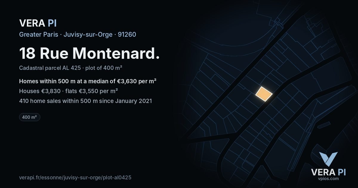 18 Rue Montenard, Juvisy-sur-Orge at night – the plot lit, the parcels around coloured by the prices near them