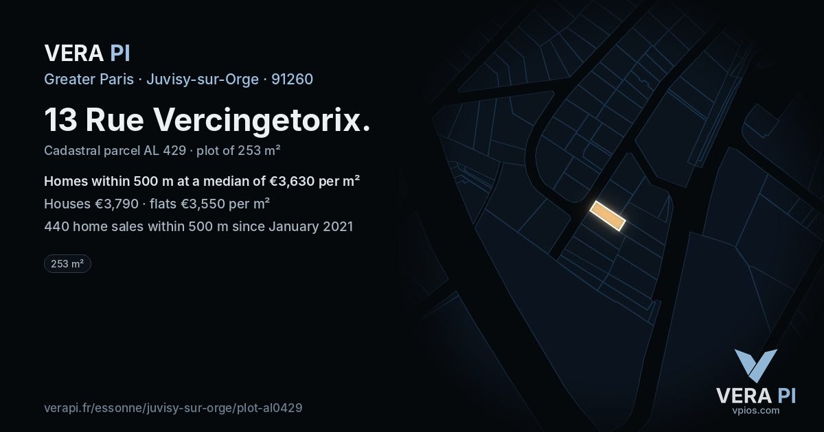 13 Rue Vercingetorix, Juvisy-sur-Orge at night – the plot lit, the parcels around coloured by the prices near them