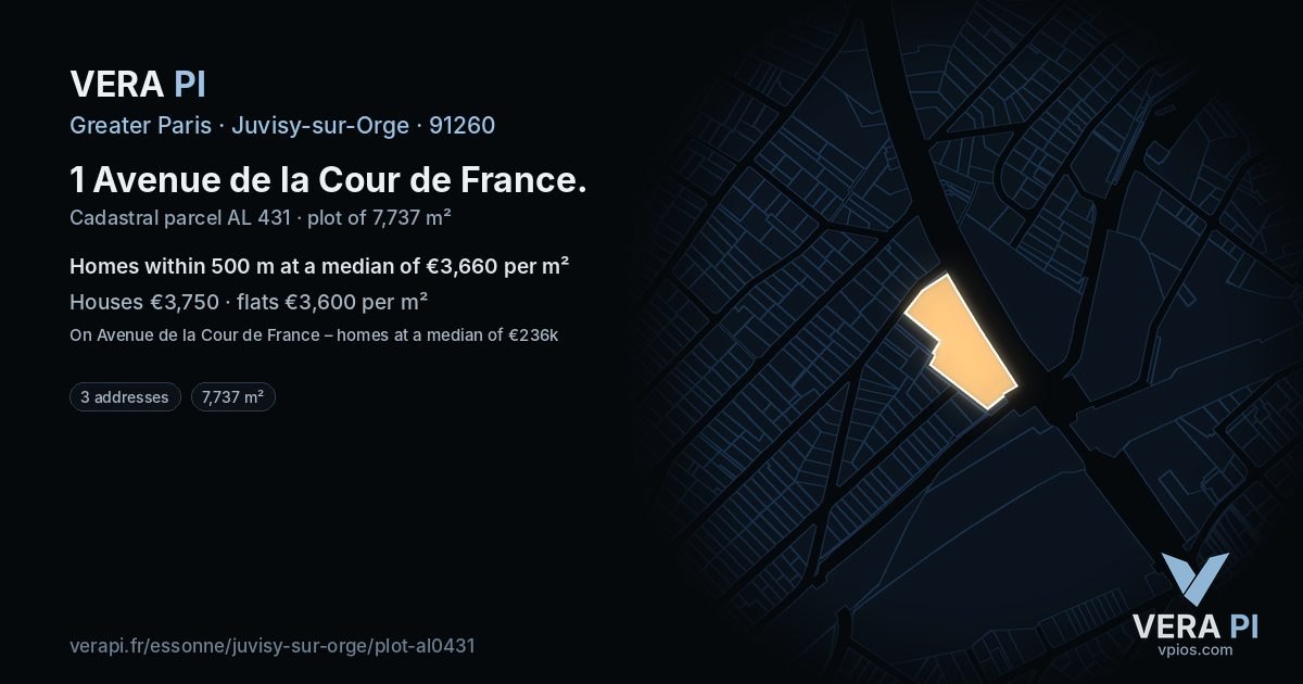 1 Avenue de la Cour de France, Juvisy-sur-Orge at night – the plot lit, the parcels around coloured by the prices near them
