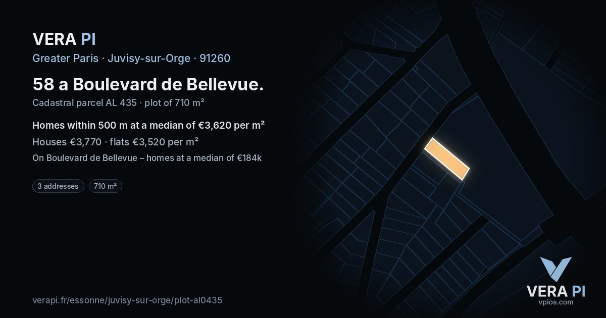 58 a Boulevard de Bellevue, Juvisy-sur-Orge at night – the plot lit, the parcels around coloured by the prices near them