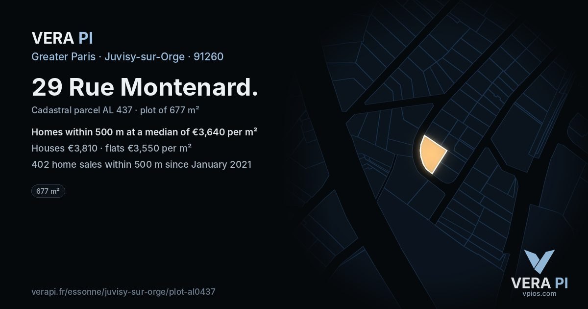 29 Rue Montenard, Juvisy-sur-Orge at night – the plot lit, the parcels around coloured by the prices near them