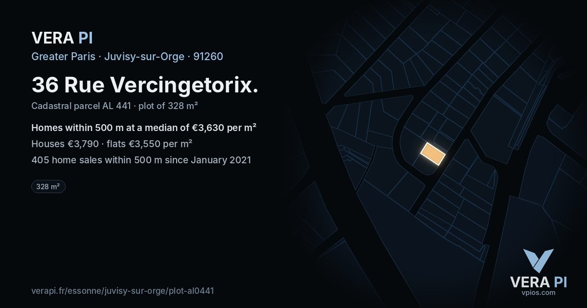 36 Rue Vercingetorix, Juvisy-sur-Orge at night – the plot lit, the parcels around coloured by the prices near them