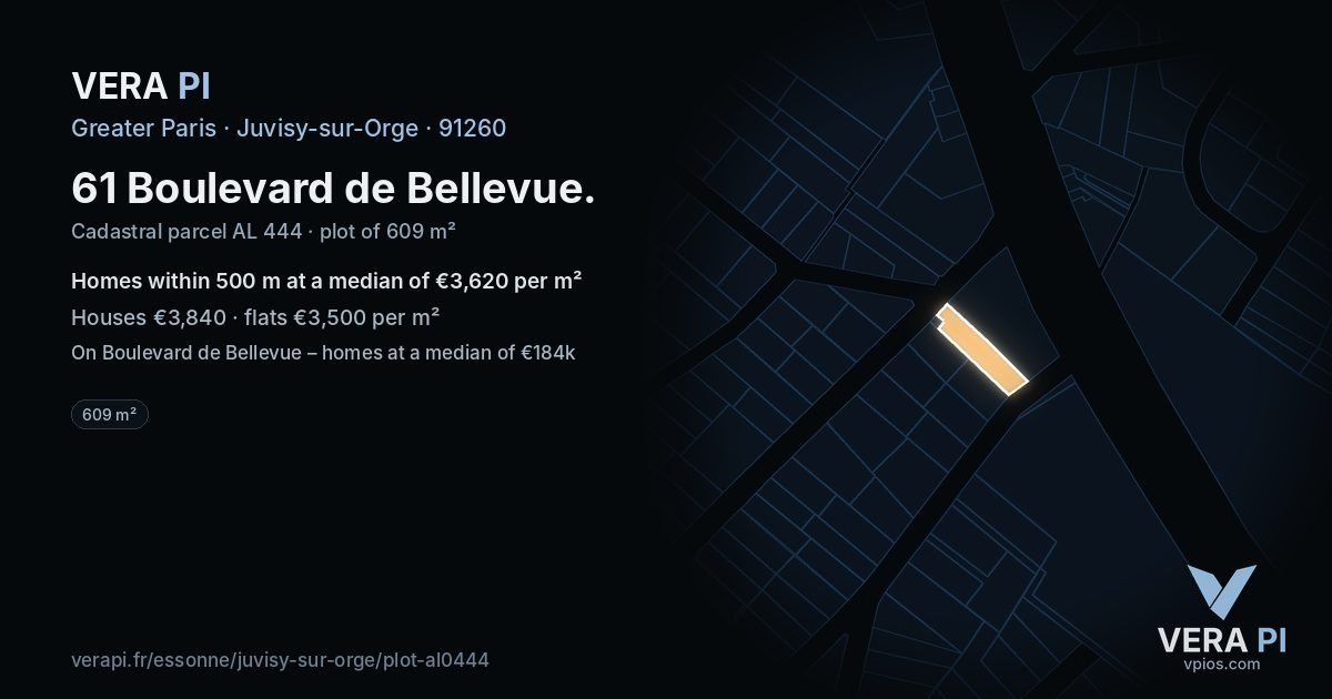 61 Boulevard de Bellevue, Juvisy-sur-Orge at night – the plot lit, the parcels around coloured by the prices near them