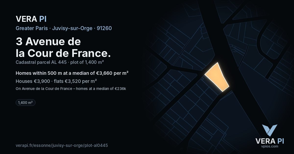 3 Avenue de la Cour de France, Juvisy-sur-Orge at night – the plot lit, the parcels around coloured by the prices near them