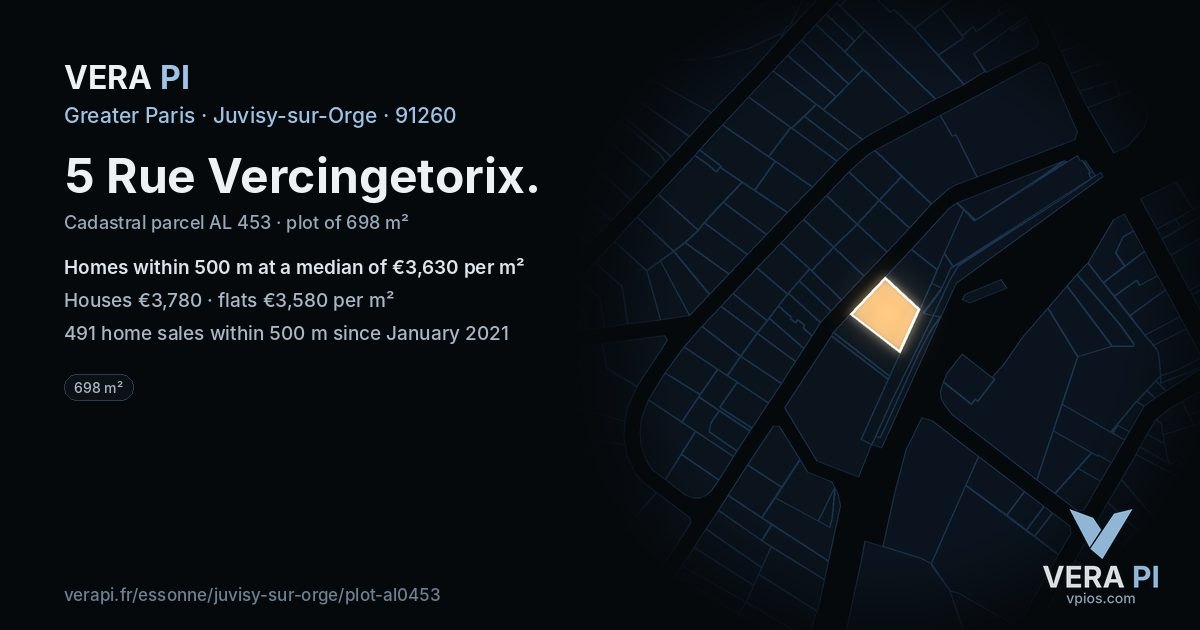 5 Rue Vercingetorix, Juvisy-sur-Orge at night – the plot lit, the parcels around coloured by the prices near them