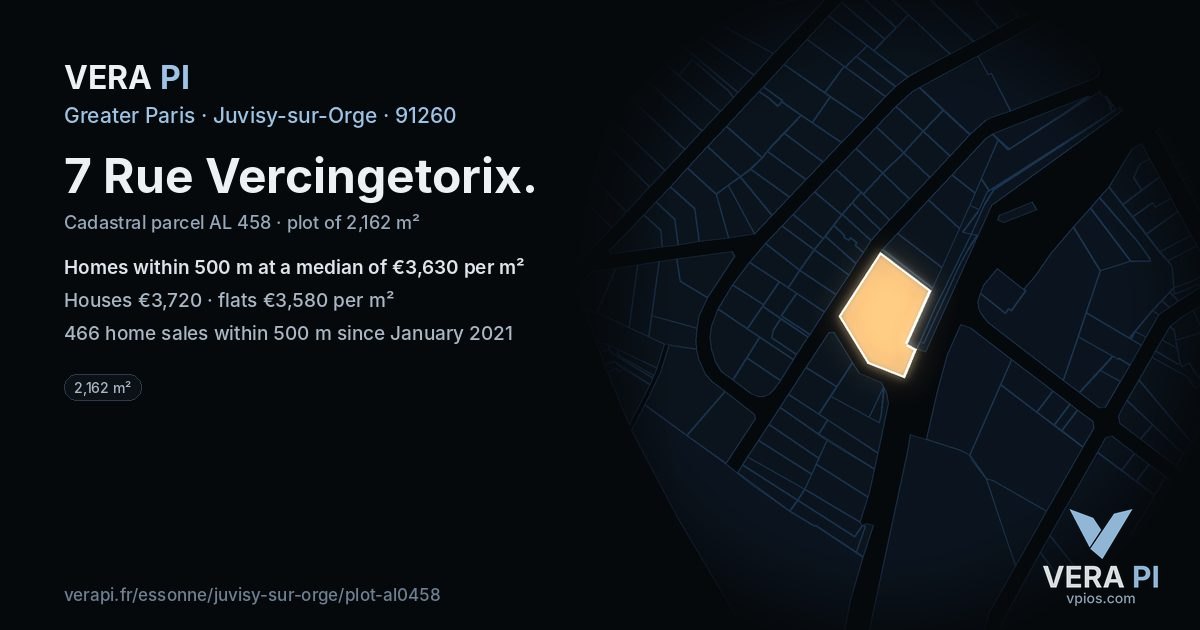 7 Rue Vercingetorix, Juvisy-sur-Orge at night – the plot lit, the parcels around coloured by the prices near them