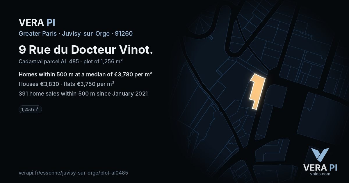 9 Rue du Docteur Vinot, Juvisy-sur-Orge at night – the plot lit, the parcels around coloured by the prices near them