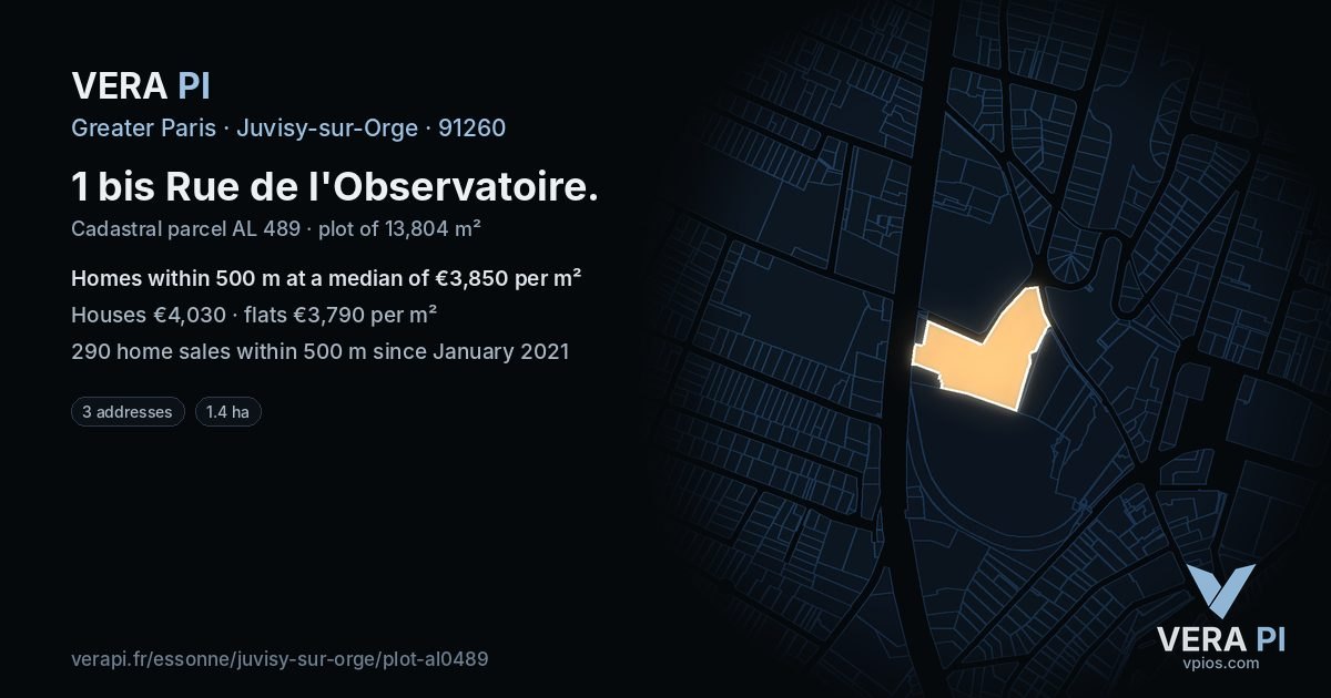 1 bis Rue de l'Observatoire, Juvisy-sur-Orge at night – the plot lit, the parcels around coloured by the prices near them