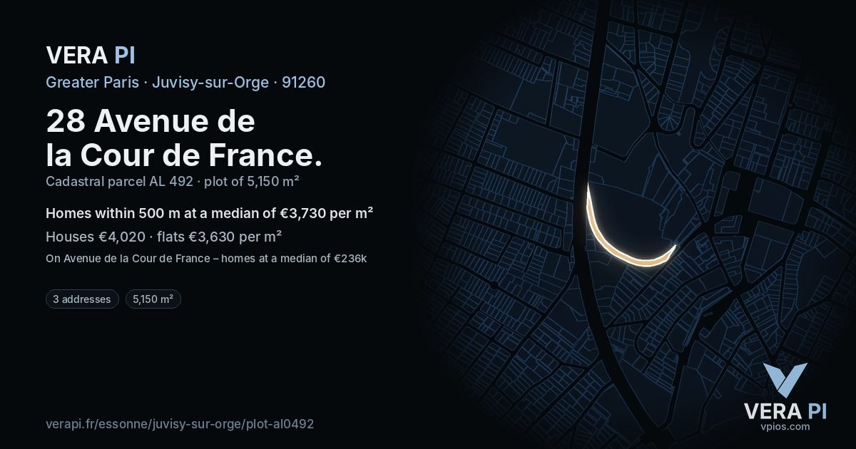 28 Avenue de la Cour de France, Juvisy-sur-Orge at night – the plot lit, the parcels around coloured by the prices near them