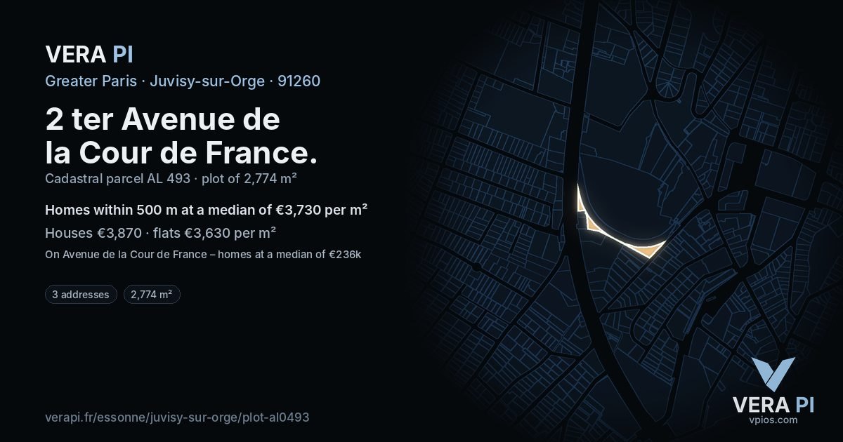2 ter Avenue de la Cour de France, Juvisy-sur-Orge at night – the plot lit, the parcels around coloured by the prices near them