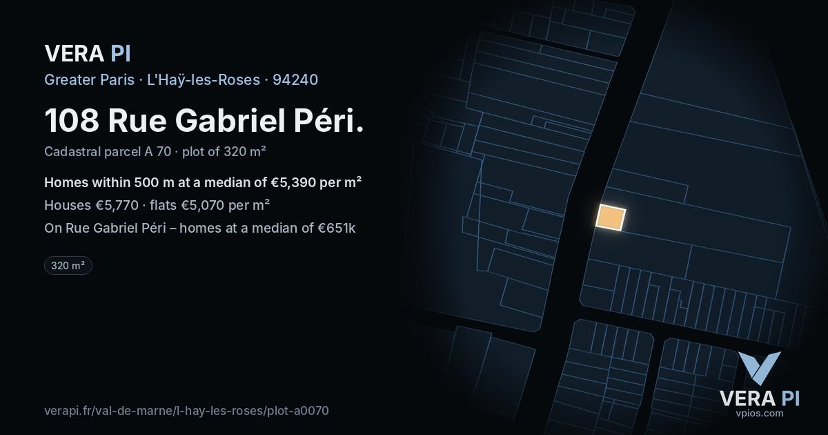 108 Rue Gabriel Péri, L'Haÿ-les-Roses at night – the plot lit, the parcels around coloured by the prices near them