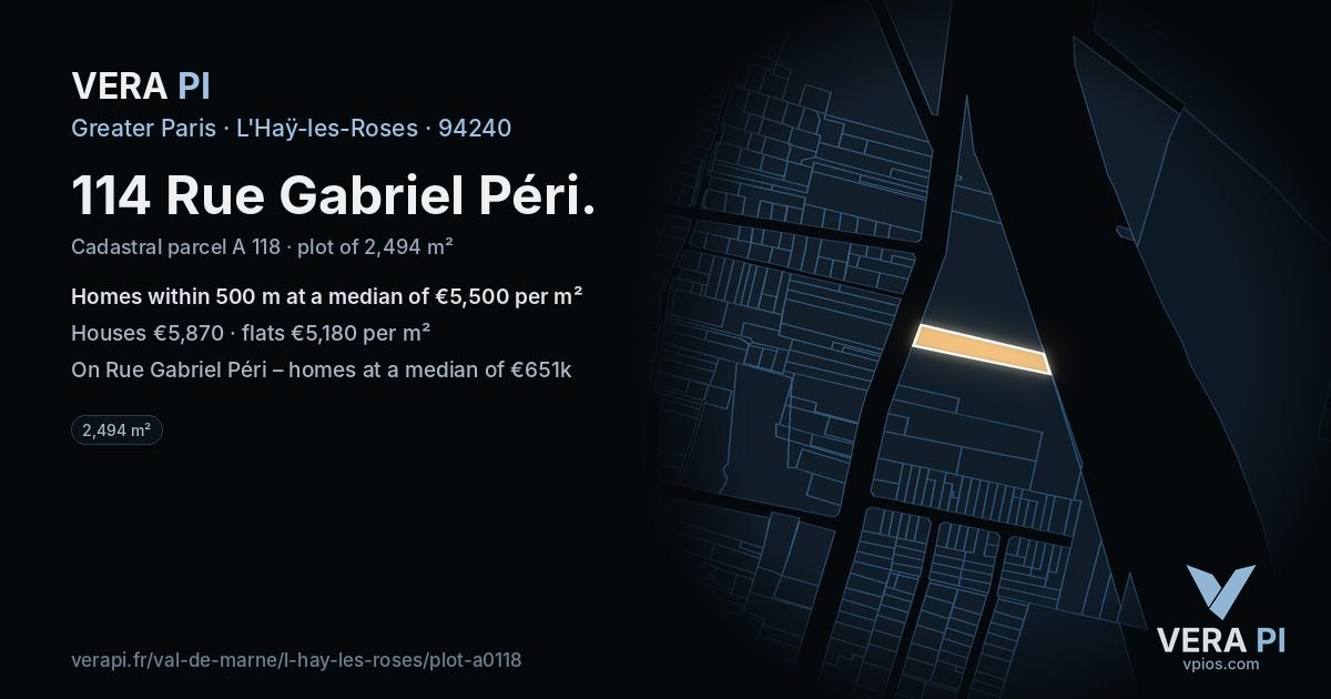 114 Rue Gabriel Péri, L'Haÿ-les-Roses at night – the plot lit, the parcels around coloured by the prices near them