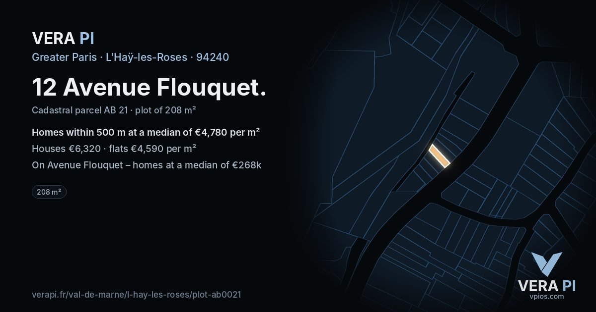 12 Avenue Flouquet, L'Haÿ-les-Roses at night – the plot lit, the parcels around coloured by the prices near them