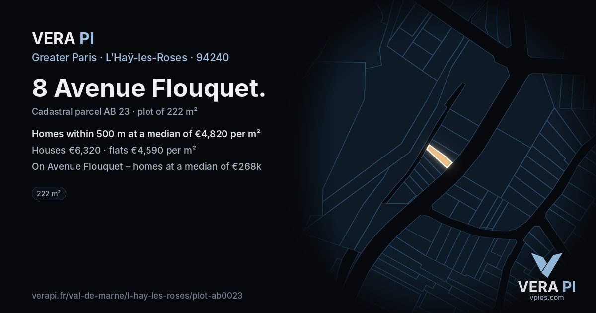 8 Avenue Flouquet, L'Haÿ-les-Roses at night – the plot lit, the parcels around coloured by the prices near them