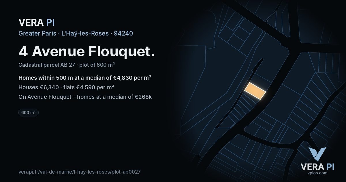 4 Avenue Flouquet, L'Haÿ-les-Roses at night – the plot lit, the parcels around coloured by the prices near them