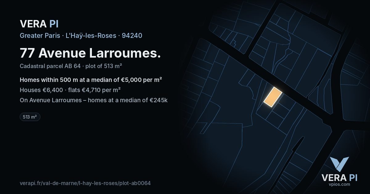 77 Avenue Larroumes, L'Haÿ-les-Roses at night – the plot lit, the parcels around coloured by the prices near them