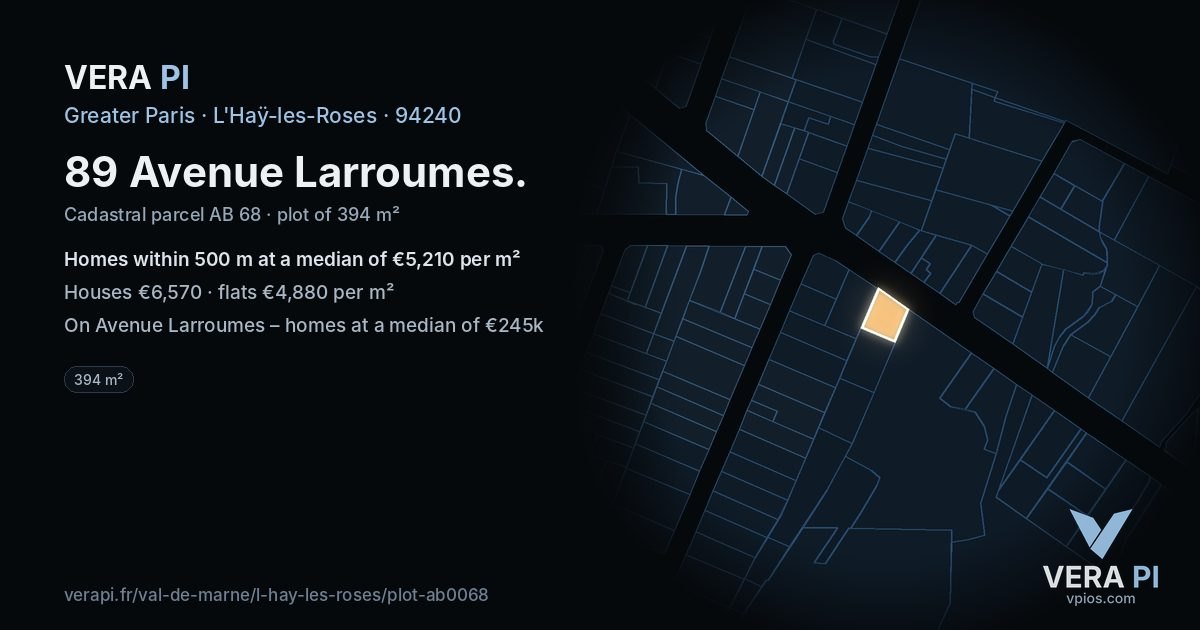 89 Avenue Larroumes, L'Haÿ-les-Roses at night – the plot lit, the parcels around coloured by the prices near them