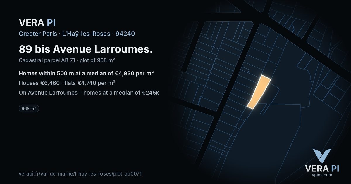 89 bis Avenue Larroumes, L'Haÿ-les-Roses at night – the plot lit, the parcels around coloured by the prices near them